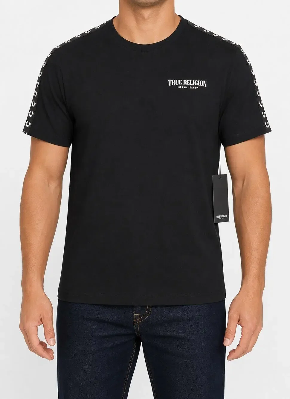 NEW True Religion Shirt Mens Large Jet Black Heavy Taping Short Sleeve Crew Neck